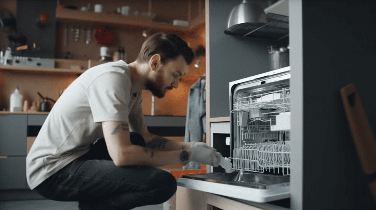 Appliance repair technician repairing a residential dishwasher in Northern New Jersey