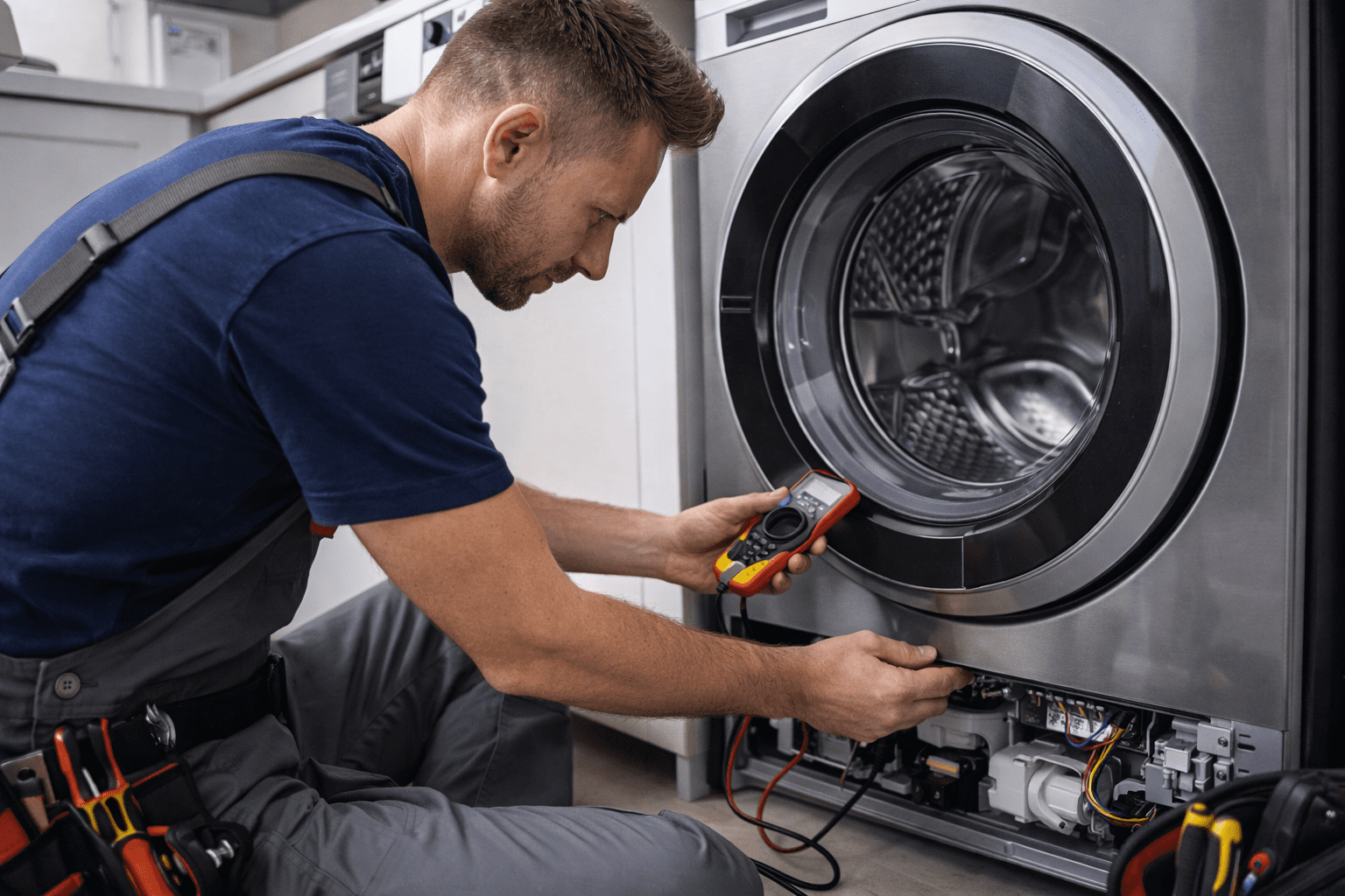 Appliance repair technician repairing a washing machine in Northern NJ