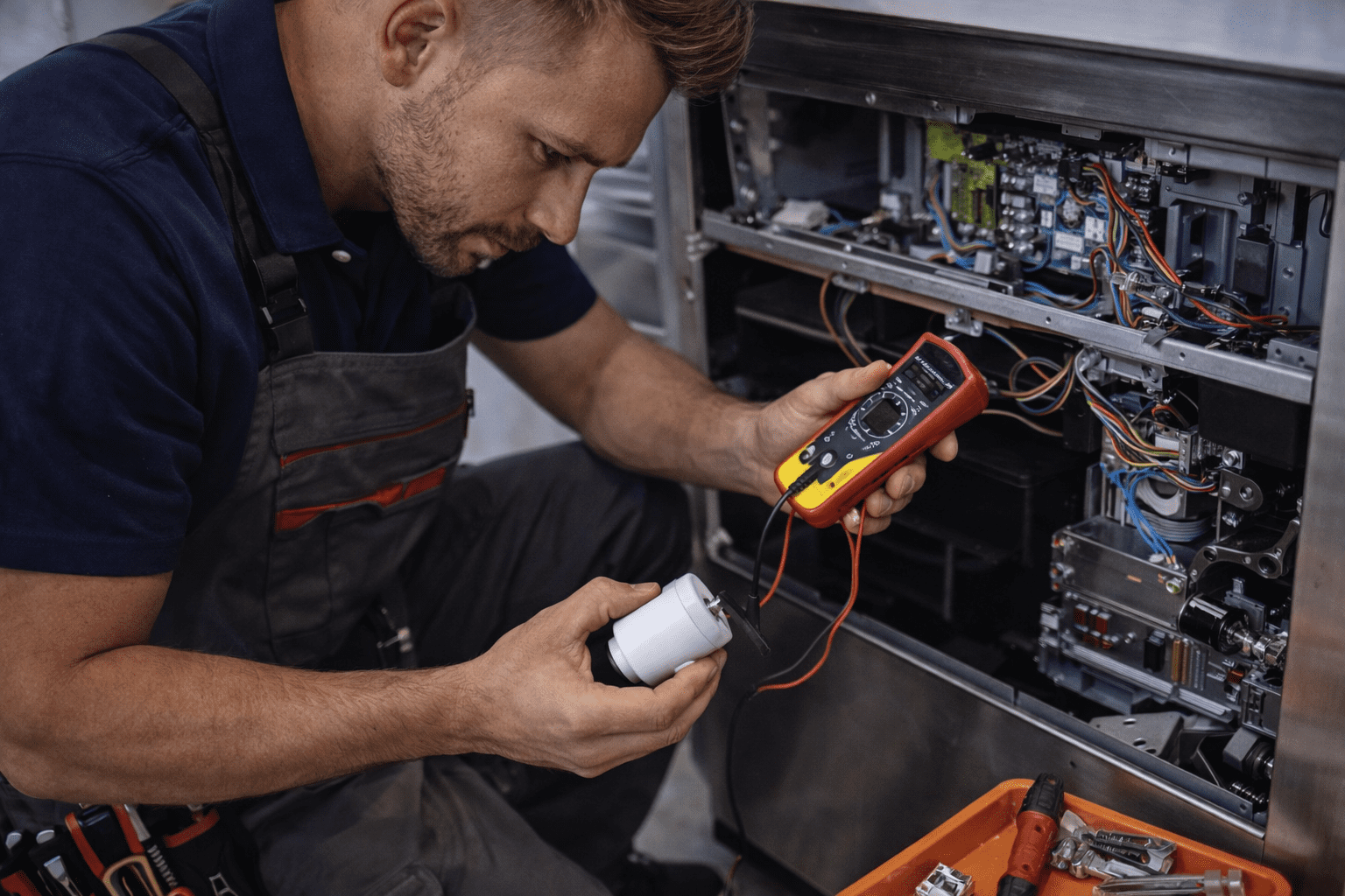 SERVICES Appliance repair technician diagnosing an appliance with a multimeter and replacing a part (Northern NJ)