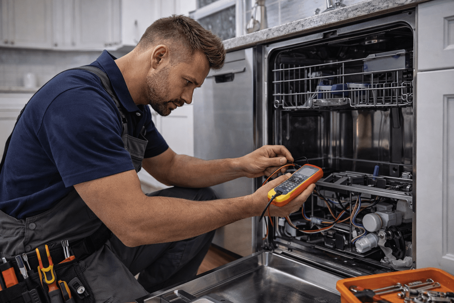 SERVICES Appliance repair technician repairing a residential dishwasher in Northern New Jersey