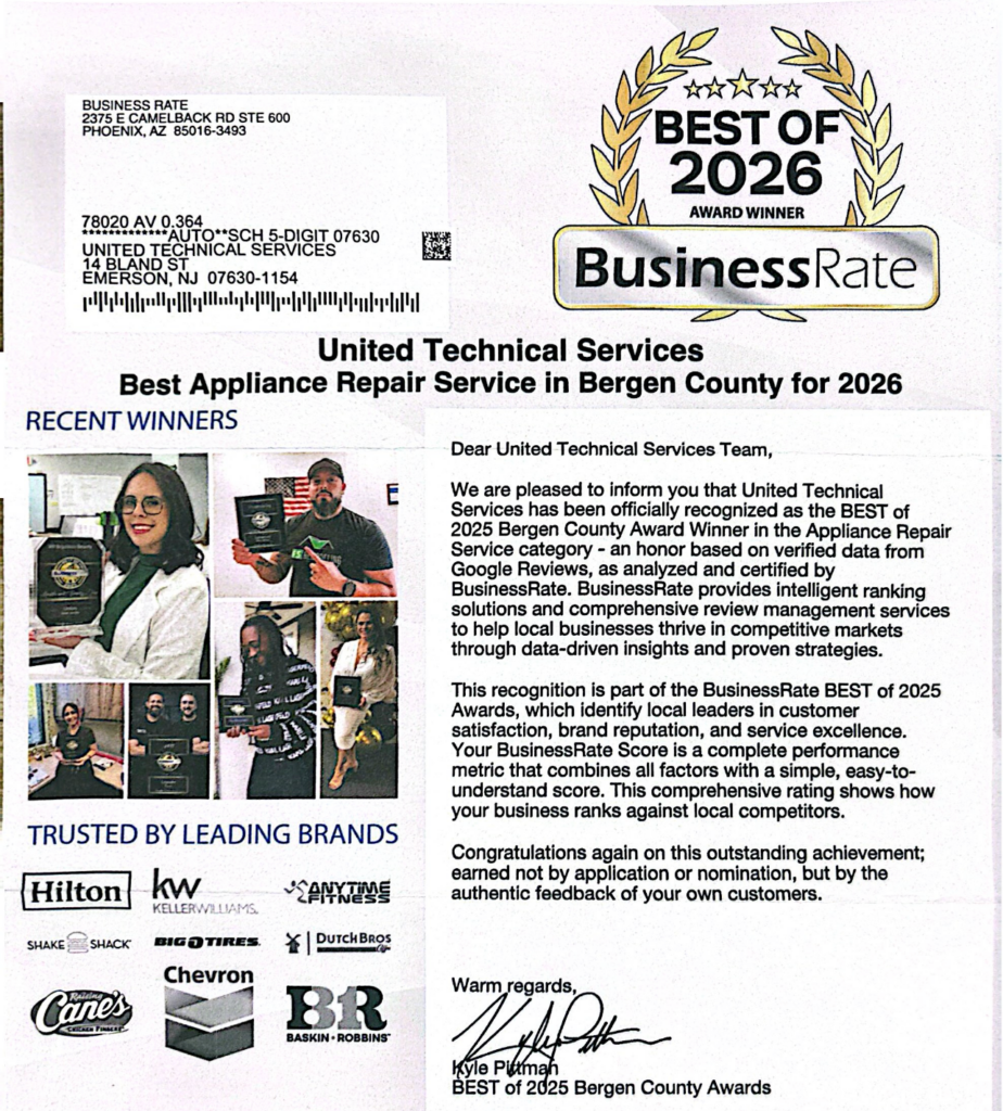 BusinessRate letter recognizing United Technical Services as Best Appliance Repair Service in Bergen County for 2026